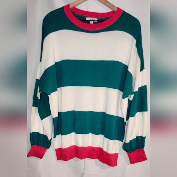 Andree By Unit Womens Teal Pink Striped Sweater Size 1X Coastal Prep Nautical - Picture 1 of 8